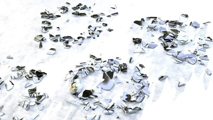 glass material plates falling down the metallic shiny floor and breaking.