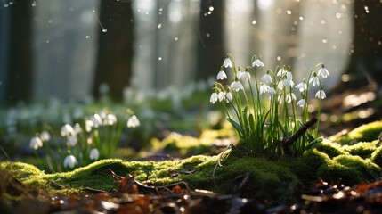 The first spring snowdrops in the forest, sunlight. The snow melts and streams flow. Beautiful natural background.
