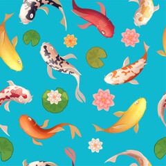 Fish pattern. Asian top view seamless background with exotic fishes exact vector picture for textile design projects