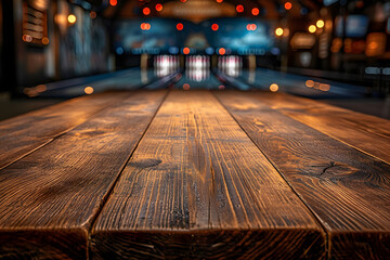 Empty Wooden Tabletop with Blurry Bowling Alley Background - obrazy, fototapety, plakaty