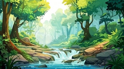 Wild nature landscape. Jungle forest and water stream