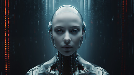 Weiblicher Android / Künstliche Intelligenz / Roboter Frau blickt emotionslos. Kühle ruhige Stimmung.  Illustration - obrazy, fototapety, plakaty