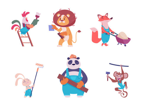 Animal builders. Funny wild animal workers with professional equipment exact vector cartoon pictures