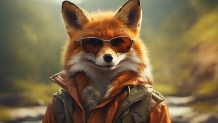 Obraz premium Illustration of a Fox with Human Body Wearing Jacket in Nature Landscape