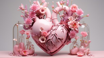 Pink heart in a vase with flowers