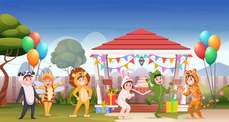 Kids party. Costume party people wearing animal clothes exact vector cartoon background