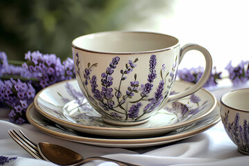 Exquisite hand-painted dinnerware, Mystical, lavender gray, meticulously crafted by skilled artisans, a blend of intricate patterns and vibrant hues, transforming each meal into a visual feast