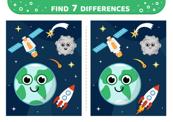 Earth, moon, rocket, satellite. Find 7 differences. Space game. Flat, cartoon, vector
