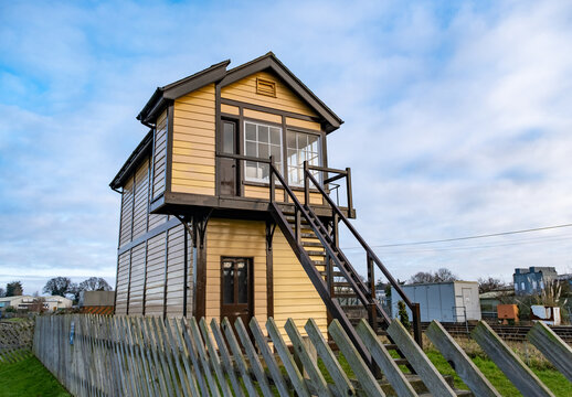 Wroxham, Norfolk, UK &ndash; January 13 2024. A close up of the exterior of the historic wooden signal house on the Bure Valley Railway Line