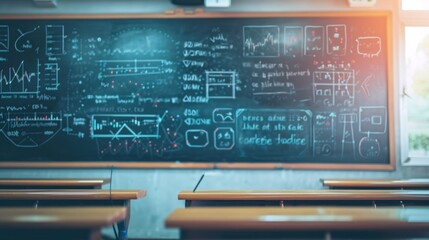 Fototapeta premium Artificial Intelligence AI-Driven Analytics in Classroom. Chalkboard with analytics and student performance data visualizations, AI role in enhancing teaching methodologies and personalized learning