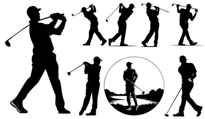 golf player silhouettes in different poses and attitudes - vector illustration