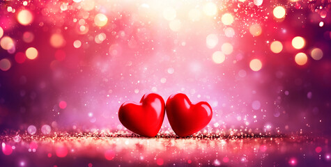 Valentine's Day - Red Hearts On Shiny Glitter And Abstract Defocused Lights - 709290467