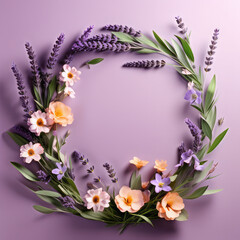 Round frame of lavender flowers in Provence style and other wildflowers