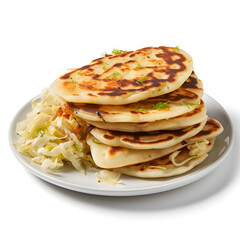 Pupusas with cabbage on a white background. A savory culinary treat from El Salvador. 