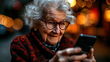 Senior caucasian woman in glasses is calling on a cell phone. Somewhere in the city, street. - obrazy, fototapety, plakaty