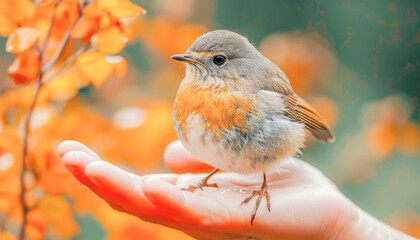Bird rests in the palm of a human's hand, celebration of Bird Feeding Month, February, concept Animals, generative ai