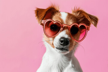 Lovely dog wearing heart shaped sunglasses.