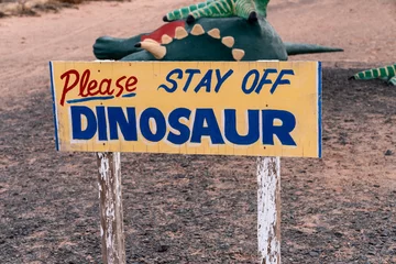 Fotobehang Old rustic sign reminding people to please stay off the dinosaur © MelissaMN