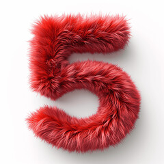 Number 5 made of soft red fur. Hairy typography isolated on white background.