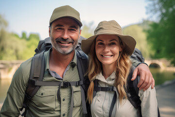 Fototapeta premium Middle aged couple at outdoors with mountaineer backpack