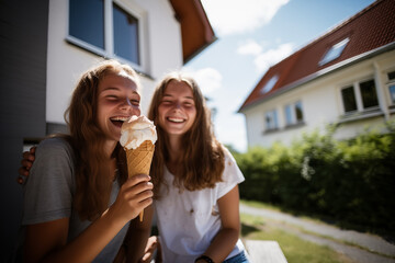 Two teenager girl friends at outdoor with a cornet ice cream