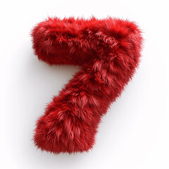 Number 7 made of soft red fur. Hairy typography isolated on white background.