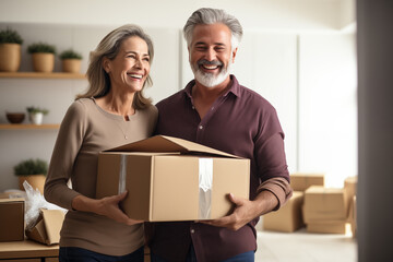 Middle aged couple at indoors holding delivery box