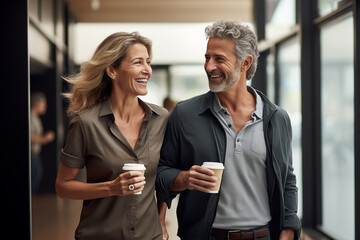 Middle aged couple at indoors holding a take away coffee - obrazy, fototapety, plakaty