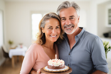 Middle aged couple at indoors holding birthday cake