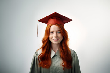 Young pretty redhead girl over isolated white background dressing university graduate clothes