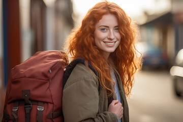 Young pretty redhead woman at outdoors with mountaineer backpack