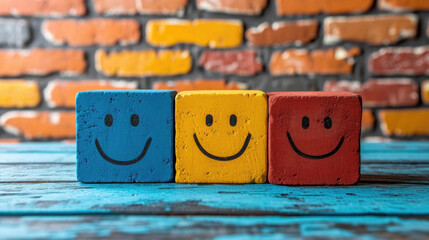  Blue, yellow, and red emoticon painted blocks on wooden surface.