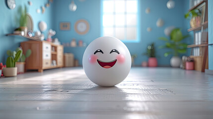 A happy emoji ball in a sunny, well-lit room with a cozy ambiance.
