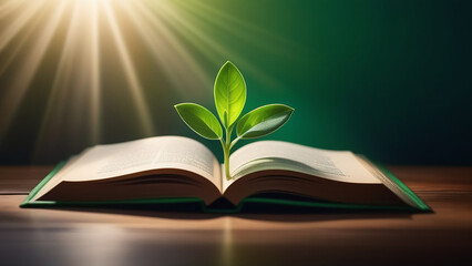 A green sprout grows from an open book. Knowledge concept.