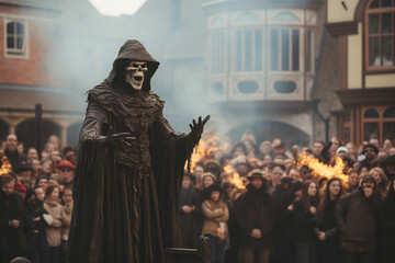 A medieval executioner conducting a theatrical display in a town square, clad in ominous attire, creating a dramatic and macabre spectacle characteristic of medieval times.