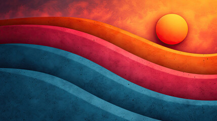 Abstract rolling hills in red and blue under a warm, glowing sunset.
