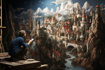 A medieval artist creating a large mural on a castle wall, capturing the essence of medieval life and culture in a visually elaborate and immersive artistic performance. - obrazy, fototapety, plakaty