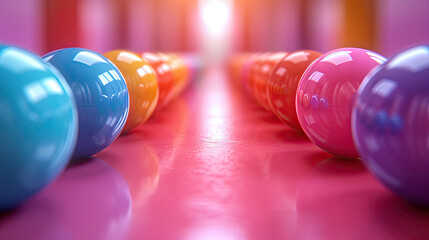 A perspective view of shiny colorful balls aligned on a reflective pink surface.