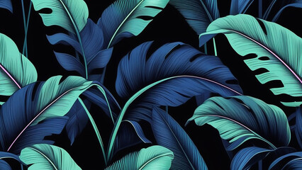 Illustration of tropical leaves on a dark background.