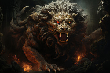 The fierce Chimera, a mythical hybrid of lion, goat, and serpent, depicted in a dynamic and artistic composition that highlights its mythical and monstrous nature. - obrazy, fototapety, plakaty