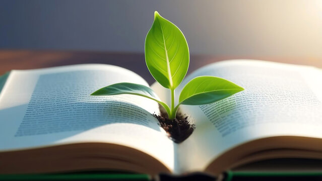 A green sprout grows from an open book. Knowledge concept.