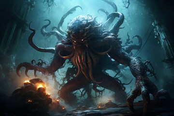 The mythical Kraken, a colossal sea monster with massive tentacles rising from the depths, portrayed in a dynamic and ominous underwater scene filled with dark mystique.