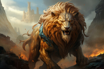 An ethereal rendering of the Nemean Lion, its golden fur and powerful presence showcased in a mythical landscape, capturing the essence of this legendary creature. - obrazy, fototapety, plakaty