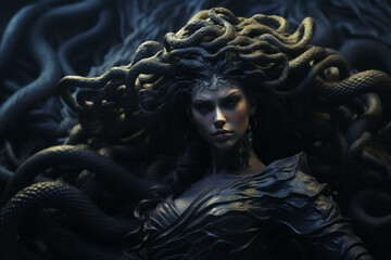 The mythical Gorgon Medusa, captured in a dramatic and visually intense composition, her serpent hair and petrifying gaze adding a sense of danger and ancient myth to the scene.