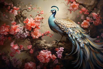 A serene depiction of the gentle and benevolent Fenghuang, or Chinese Phoenix, perched atop a blossoming tree, symbolizing harmony and good fortune in mythical Chinese culture.