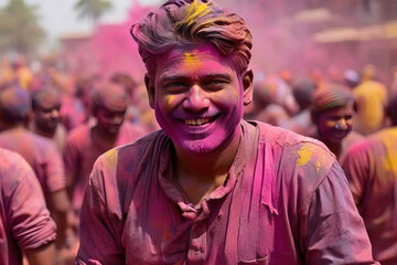 A handsome smiling black-haired man with a bright face is having fun at the Holi Color Festival, a traditional Indian Holi color festival