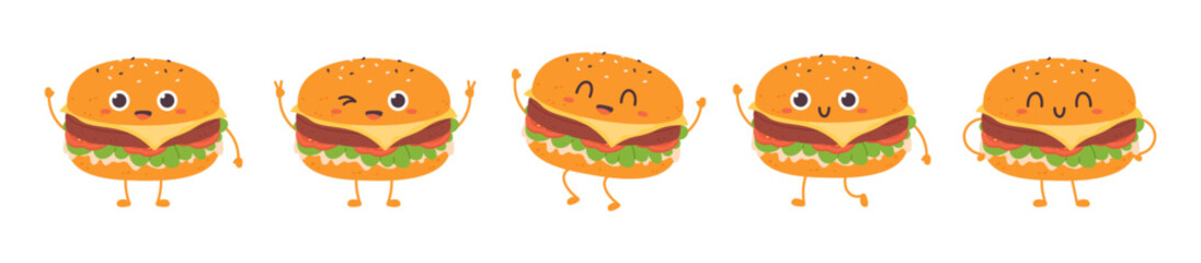 Cute burgers different poses and emotions. Isolated kawaii burger happy and sad. Fresh hamburger cartoon mascot, racy vector children clipart - obrazy, fototapety, plakaty