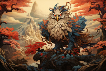 A mythical and whimsical depiction of the Japanese Tengu, with its distinctive long nose and feathered wings, set against a backdrop of ancient Japanese mountain landscapes.