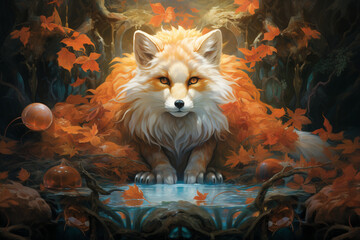 A mystical and dreamlike portrayal of the Kitsune-Mochi, a mythical figure from Japanese folklore, surrounded by fox spirits in an otherworldly and enchanting setting.