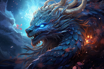 Fototapeta na wymiar A mythical and cosmic rendering of the Chinese Azure Dragon, with celestial patterns and cosmic energies, symbolizing power and benevolence in a visually elaborate composition.